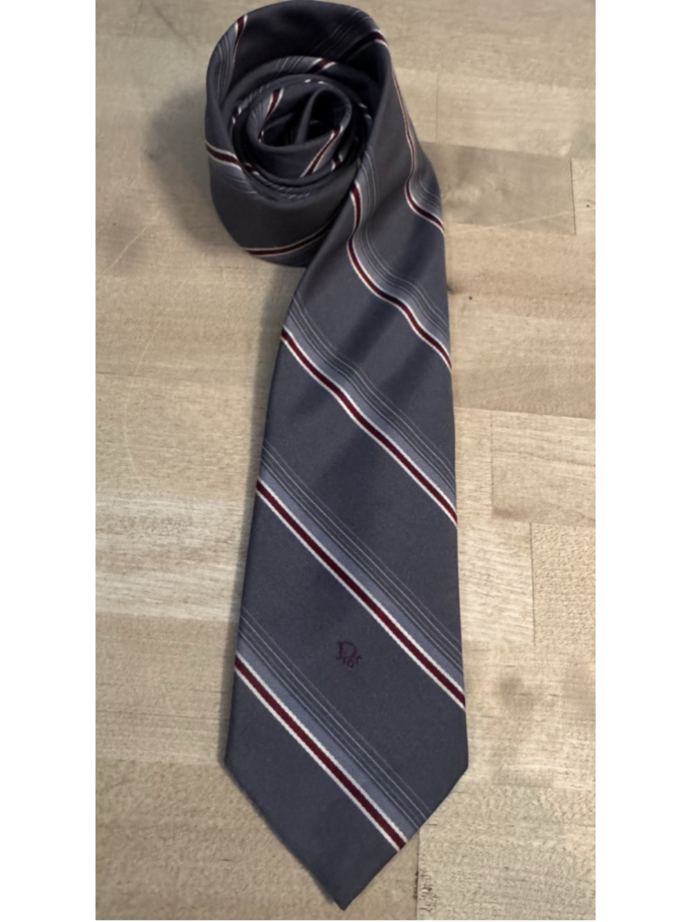 Christian Dior Logo Authentic Vintage Gray Necktie with Red & White Stripes